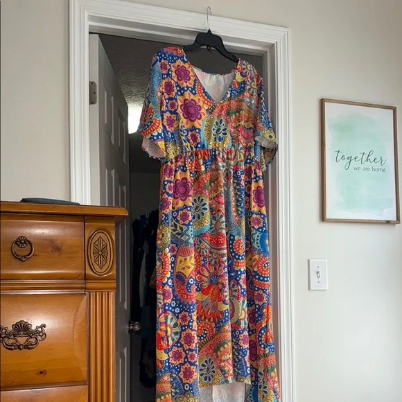 Red and Blue Puff Sleeve V-Neck Maxi Sundress - Picture 1 of 13